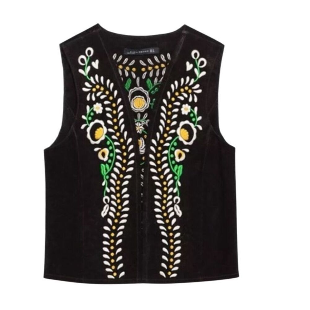 New Zara Black Embroidered Crop Vest Medium